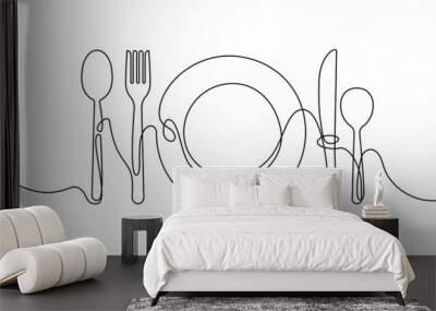 Continuous one line plate. Hand drawing art dinner theme with linear plate spoon knife fork for logo. Simple sketch design isolated on white background. Vector illustration Wall mural