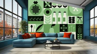 Food geometric mosaic background. Natural green organic fruit vegetable pattern bauhaus style. Vector illustration Wall mural