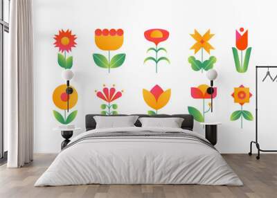 Geometric flower set. Abstract gradient spring floral elements bold simple geometry shapes. Vector botanical collection Wall mural