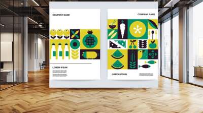 Geometric food banner set. Abstract green fruit vegetable pattern, organic bauhaus posters. Vector template for branding Wall mural