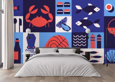 Geometric seafood background. Mosaic minimal crab shrimp fish oyster octopus salmon simple bauhaus style. Vector pattern Wall mural