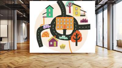 Map with school and school bus, houses and cars. Fall, learning, back to school. Vector illustration in flat style. Wall mural