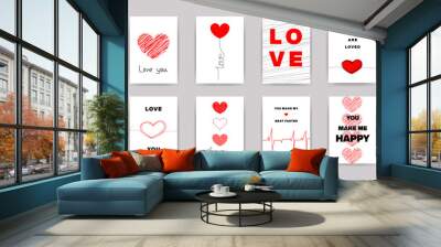 Love greeting cards. Posters with hearts simple lettering decorative brush strokes Valentine's day concept. Vector set Wall mural