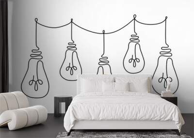 One line light bulbs. Continuous hand drawing linear icon sketch,  symbol business idea design, brainstorm inspiration concept. Vector illustration Wall mural