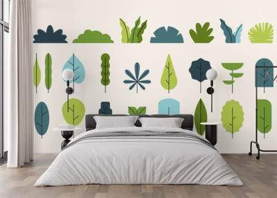 Simple trees bushes. Cartoon forest plants with foliage, minimal flat shrub botanical garden nature elements. Vector set Wall mural