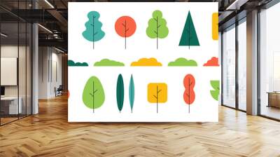 Simple trees bushes. Cartoon forest plants with foliage, minimal shrub botanical garden nature elements. Vector flat set Wall mural