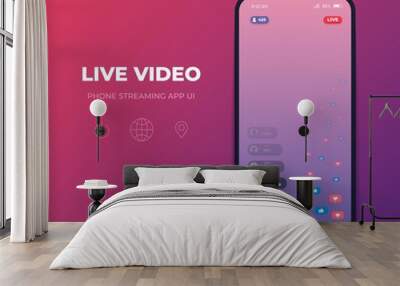 Smartphone streaming app ui. Vector template live video broadcast, play multimedia live stream   Wall mural