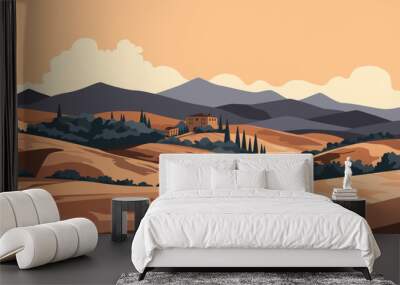 Tuscany hills landscape view. Italian countryside panorama with olive trees, old farmhouses and cypress at sunset. Rural panoramic scenery background. Vector illustration Wall mural