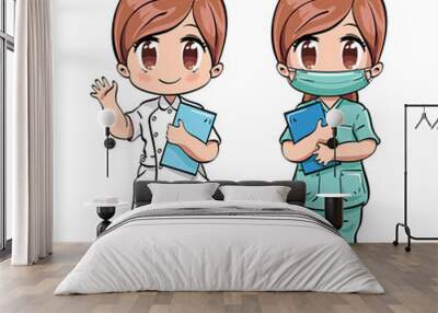 Vector illustration of a cute nurse wearing face mask, holding a folder and waving her hand. Drawn in kawaii chibi style. Wall mural