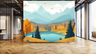 Autumn Landscape with Trees, Lake, and Mountains Wall mural