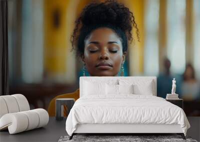 Black Woman Praying in Church. Sunday Service and Spirituality in Worship and Gratitude Wall mural