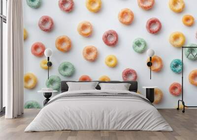 Colorful Round Snacks Arranged Aesthetically on White Table Wall mural