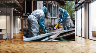 Disaster Recovery. Workers in Protective Suits Cleaning Flood-Damaged Home Wall mural