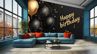 Elegant Birthday Greeting with Gold and Black Balloons Wall mural