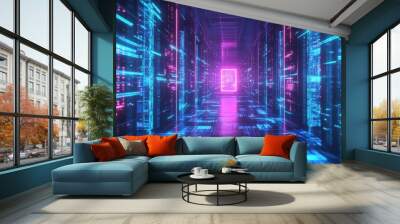 Futuristic Digital Network with Glowing Neon Servers and Data Nodes Wall mural