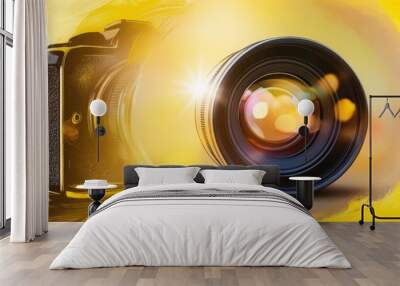 Generative AI illustration for World Photography Day. camera lens isolated on a bright yellow background Wall mural