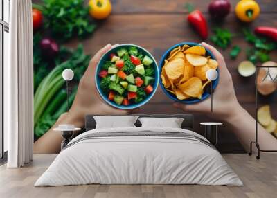 Healthy Salad vs Tempting Chips Wall mural