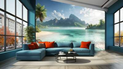 Hyperrealistic Tropical Island with Glowing Lagoons Wall mural