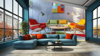 Mid-century Scandinavian living room with colorful furniture Wall mural