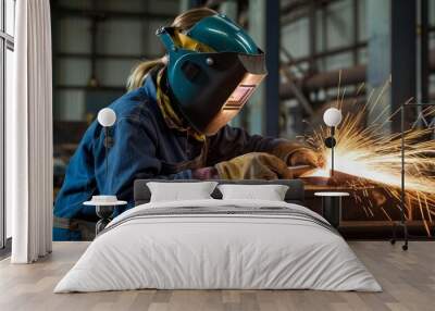 Female welder working in heavy industry factory Wall mural