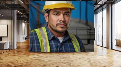 Photo construction worker portrait on blue background Wall mural