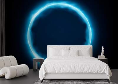 round frame with glowing and light. neon round frame with smoke banner design on dark blue backdrop. Wall mural