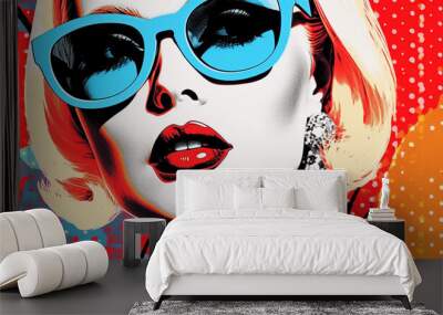 Pop art retro midmod fashion girl vintage glam lady orange polkadot backdrop, wearing blue rimmed sunglasses with blonde short hair, fun midmod 1960 1950 style illustration (generative AI, AI) Wall mural