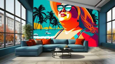 Summer beach lady in cute bold fun illustration style, bright colors, high contrast cheerful style; plus size white woman looking cool and fashionable in sunglasses (generative AI, AI) Wall mural