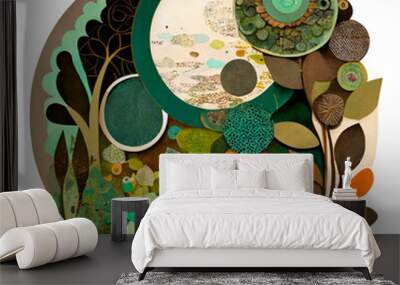 The Elements: Earth Elemental mixed media style circle symbol earth element greens browns beige  earthy rustic collage style aesthetic forest color palette layered paper look (generative AI, AI) Wall mural