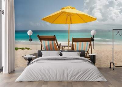 bright yellow beach chairs and beach umbrella on a caribbean blue beach facing the ocean vacation Wall mural