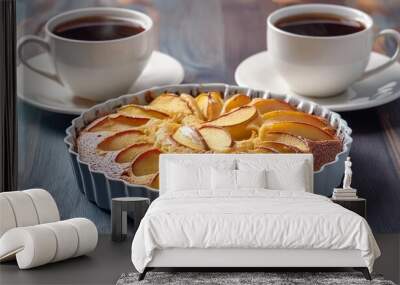 closeup french apple cake homemade apple clafouti and two cups of coffee on wooden table shallow focus Wall mural