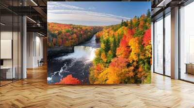 fall colors at bonanza falls on the big iron river in michigan s upper peninsula Wall mural