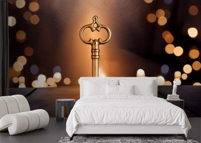 golden key with glowing lights and dark background wisdom wealth and spiritual concept Wall mural