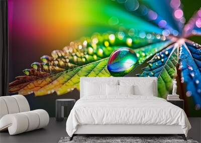 macro shot of a cannabis leaf with morning dew reflecting a rainbow nature s spectrum ai generated Wall mural