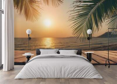 wooden table and tropical palm tree and sea sunset summer background Wall mural