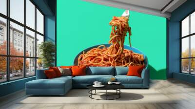 Spaghetti Pomodoro on a fork, minimalist on a green background Wall mural