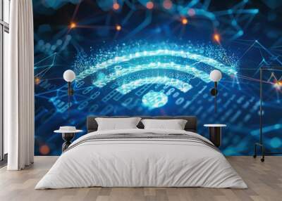 Abstract digital connectivity concept with glowing Wi-Fi symbol on blue background Wall mural