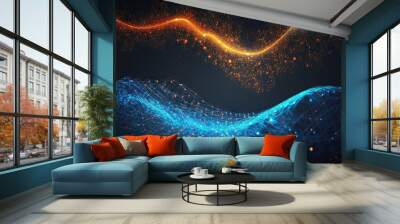 Abstract digital network waves and glowing blue and orange particle data on dark background. Based on Generative AI Wall mural