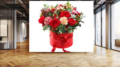 Beautiful bouquet in a red luxury present box with a red bow, cut out Wall mural