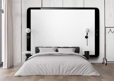 Black tablet computer with blank screen on white wooden background Wall mural