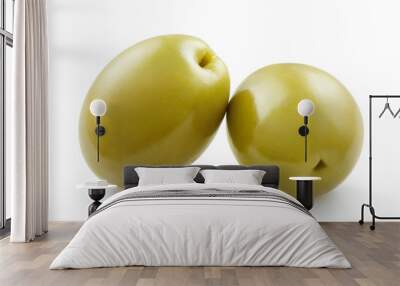 Close-up of two delicious green olives, isolated on white background Wall mural