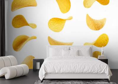 Collection of potato chips, isolated on white background Wall mural