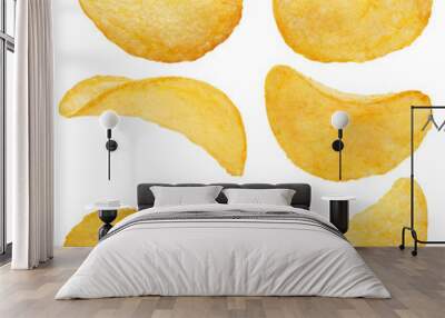 Collection of potato chips, isolated on white background Wall mural