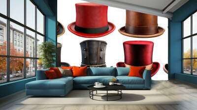 Collection of vintage top hats. Cylinder hats, cut out Wall mural