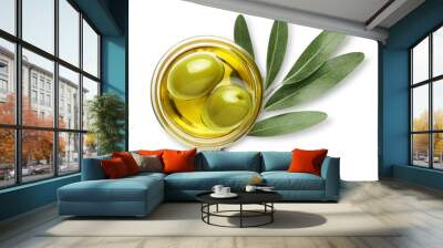 Delicious big green olives in an olive oil with leaves, isolated on white background, view from above Wall mural