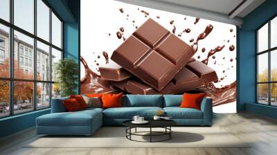 Delicious chocolate bar pieces falling into chocolate splash, cut out Wall mural