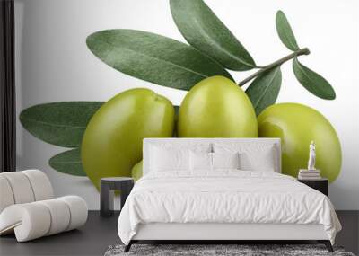 Delicious green olives with leaves, isolated on white background Wall mural