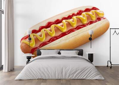 Delicious hot dog with ketchup and mustard, isolated on white background Wall mural