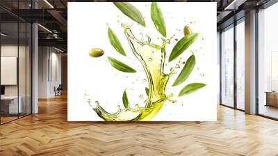 Delicious olive oil splash with fresh leaves, cut out Wall mural