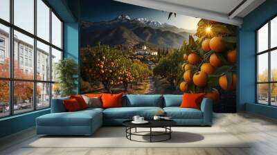 Delicious orange fruits in ripe, bountiful garden. Based on Generative AI Wall mural